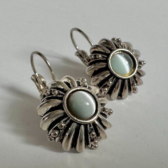 Vintage Silver Grey Glow Style Cabochon Dangle Leverback Earrings - Picture 3 of 10